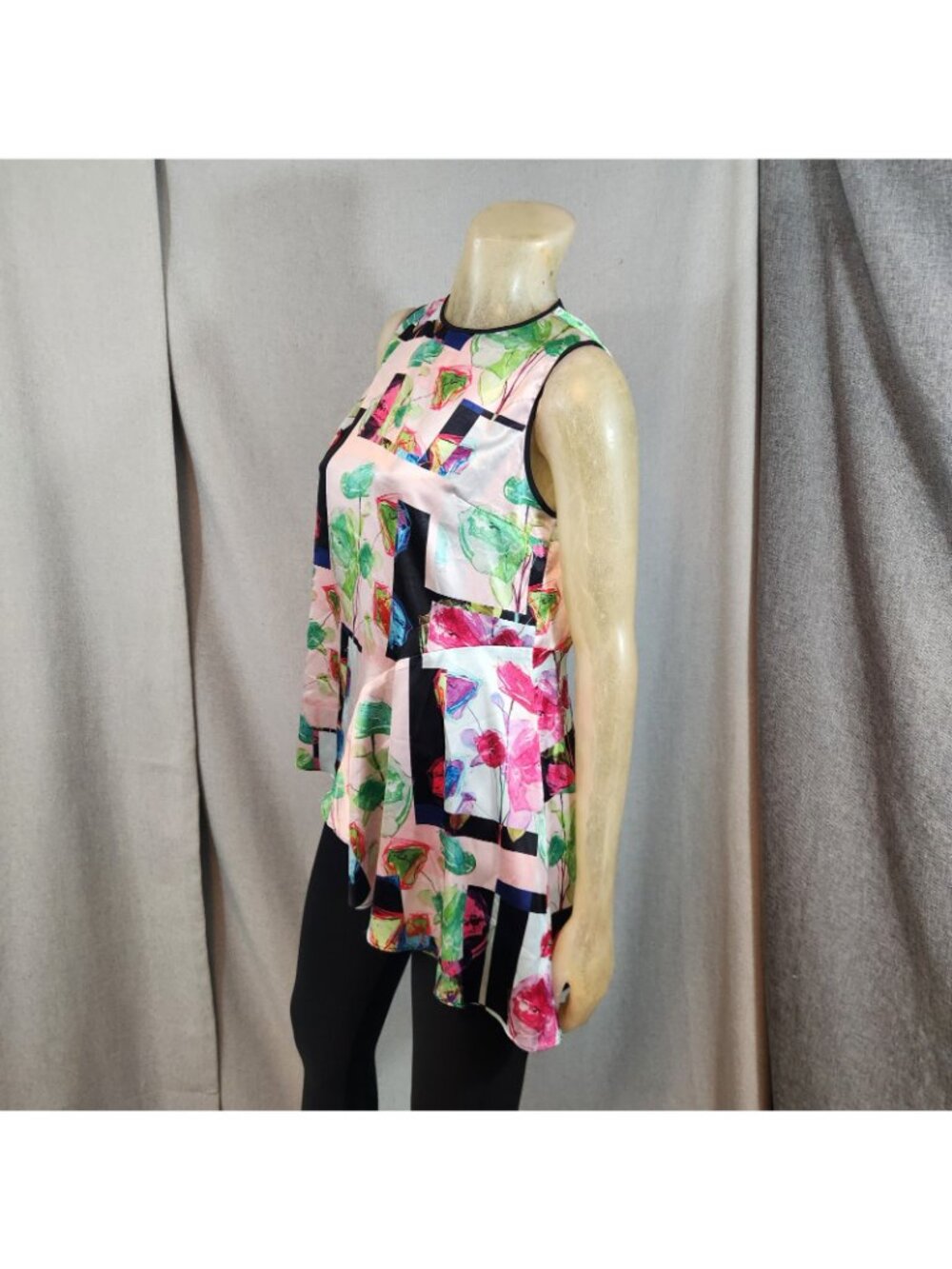 Clover Canyon Abstract Floral Pink Crew Neck Slvlss Assym Blouse Top Shirt LARGE - Picture 5 of 8